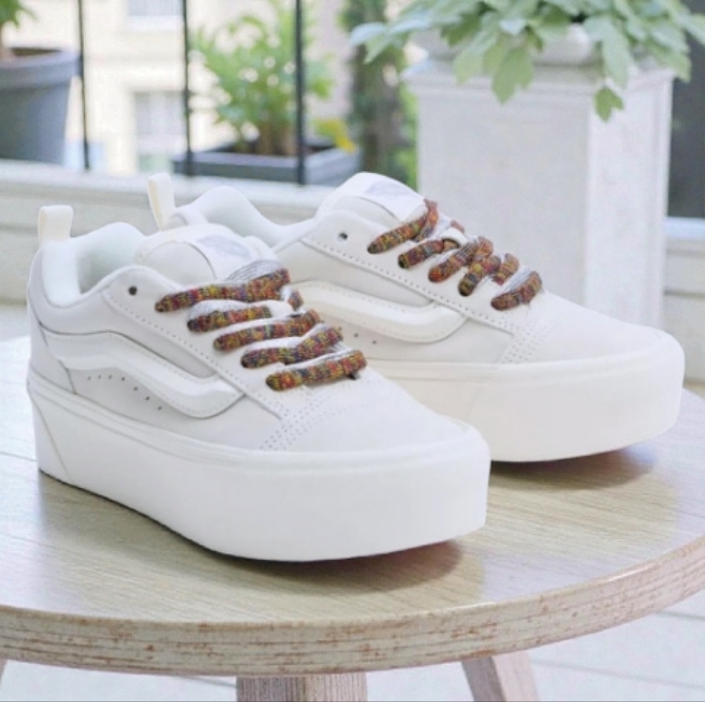 Vans White Platform Sneakers with Multicolor Laces